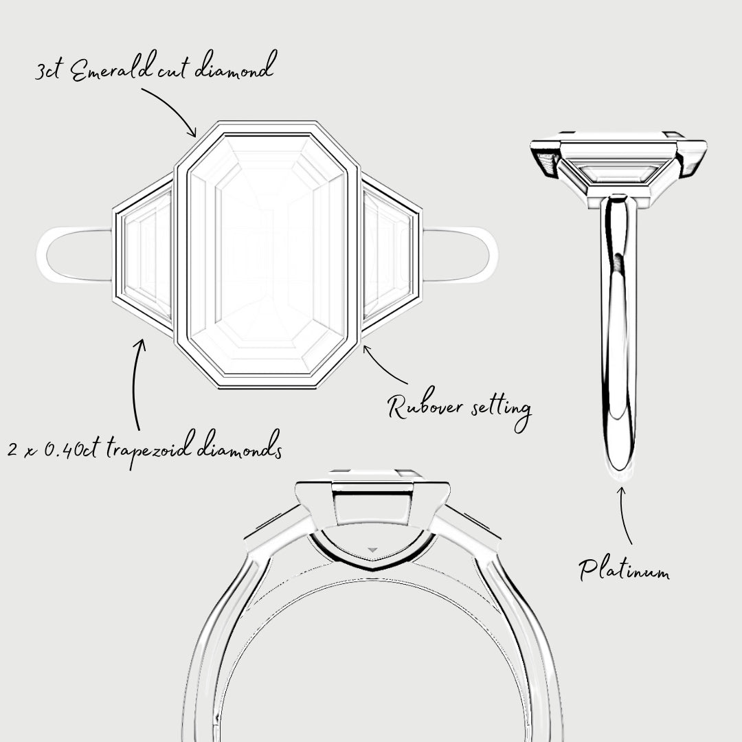 Emerald Cut and Trapezoid Diamond Trilogy Engagement Ring