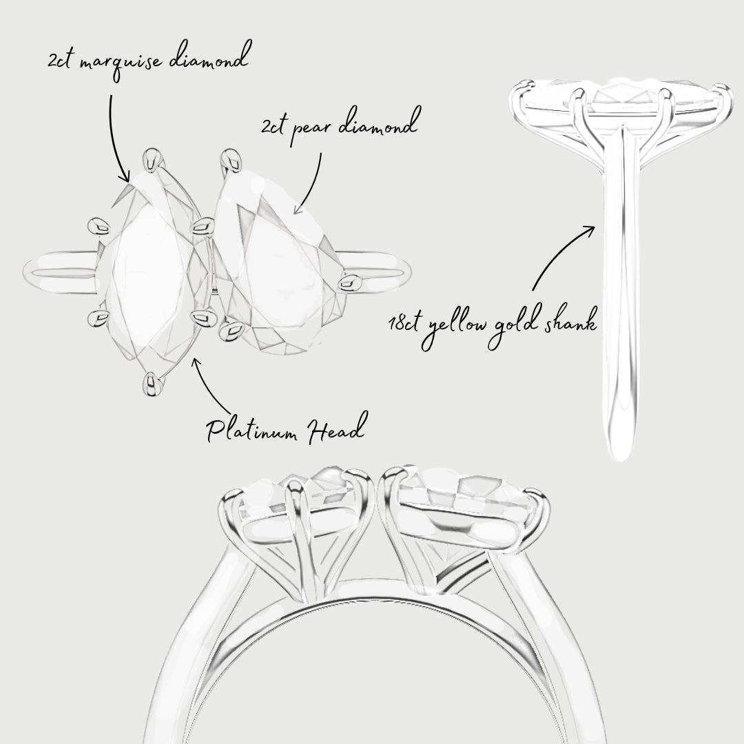 Marquise and Pear Diamond Two Stone Engagement Ring