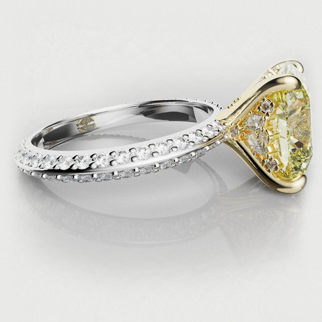 cushion cut yellow diamond engagement ring with hidden halo detailing