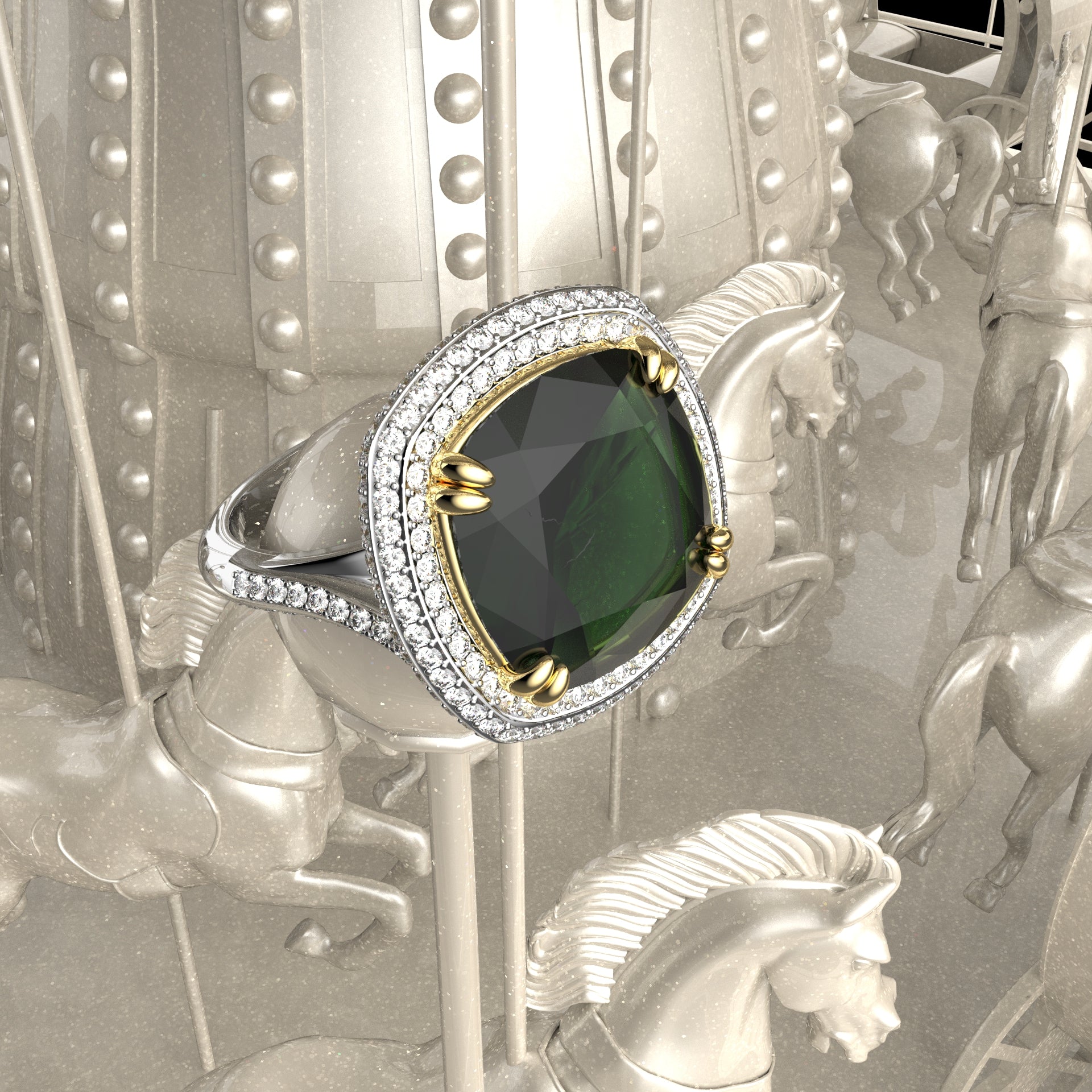Cushion Cut Green Emerald Three Row Pavé Engagement Ring
