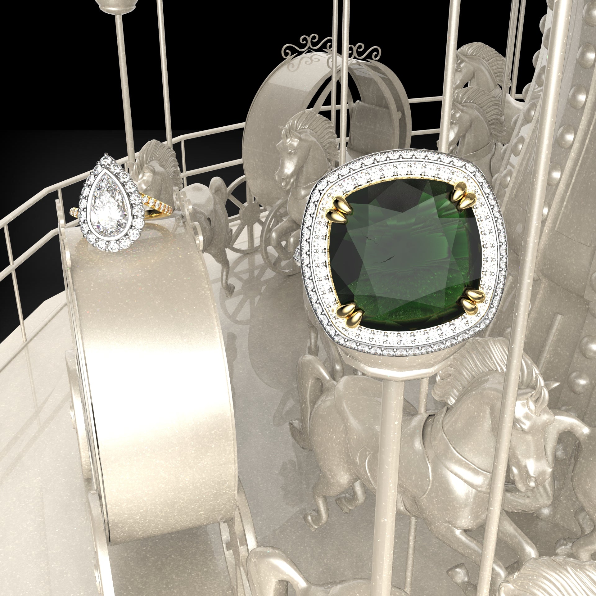 Cushion Cut Green Emerald Three Row Pavé Engagement Ring