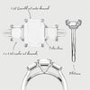 bespoke sketch of emerald cut diamond trilogy engagement ring with asscher cut shoulder diamonds