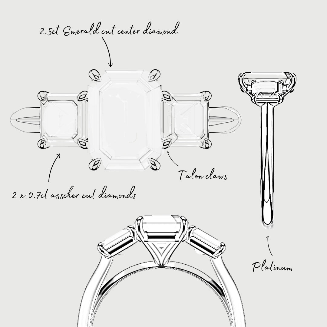 bespoke sketch of emerald cut diamond trilogy engagement ring with asscher cut shoulder diamonds