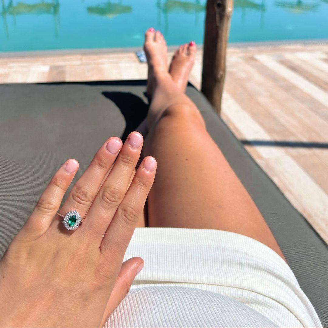 Unique Green Emerald Oval Halo Engagement Ring