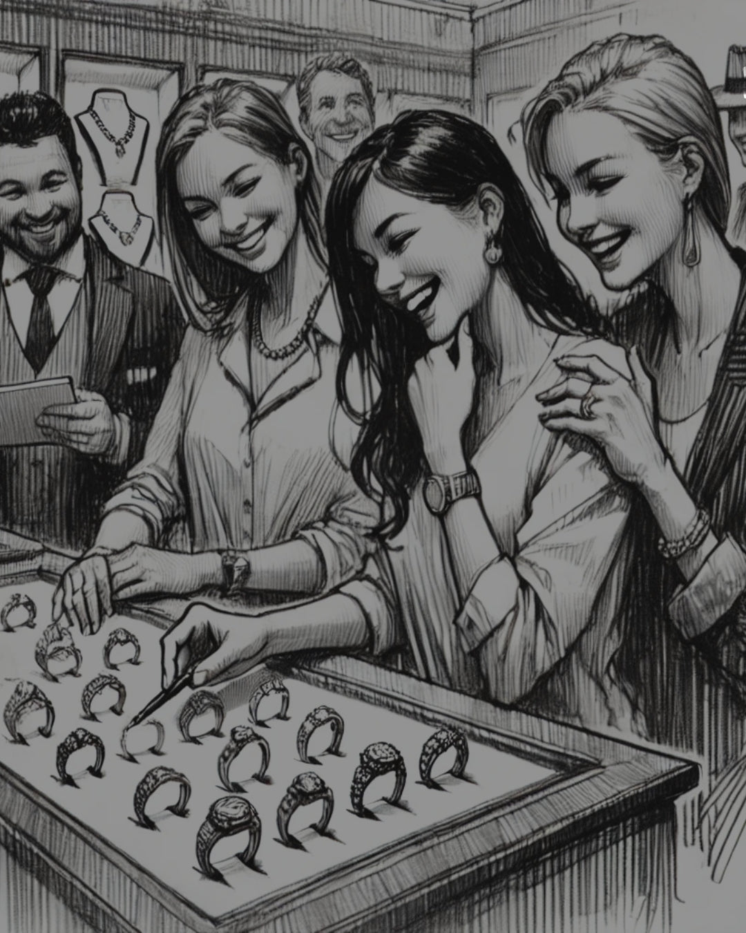 Happy customers selecting bespoke engagement and wedding rings in at a Hatton Garden jewellery exhibition