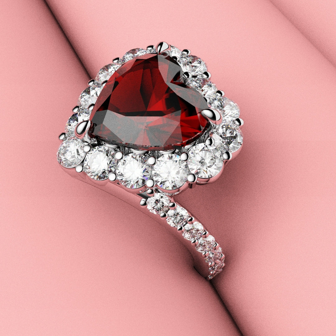 red ruby halo engagement ring
