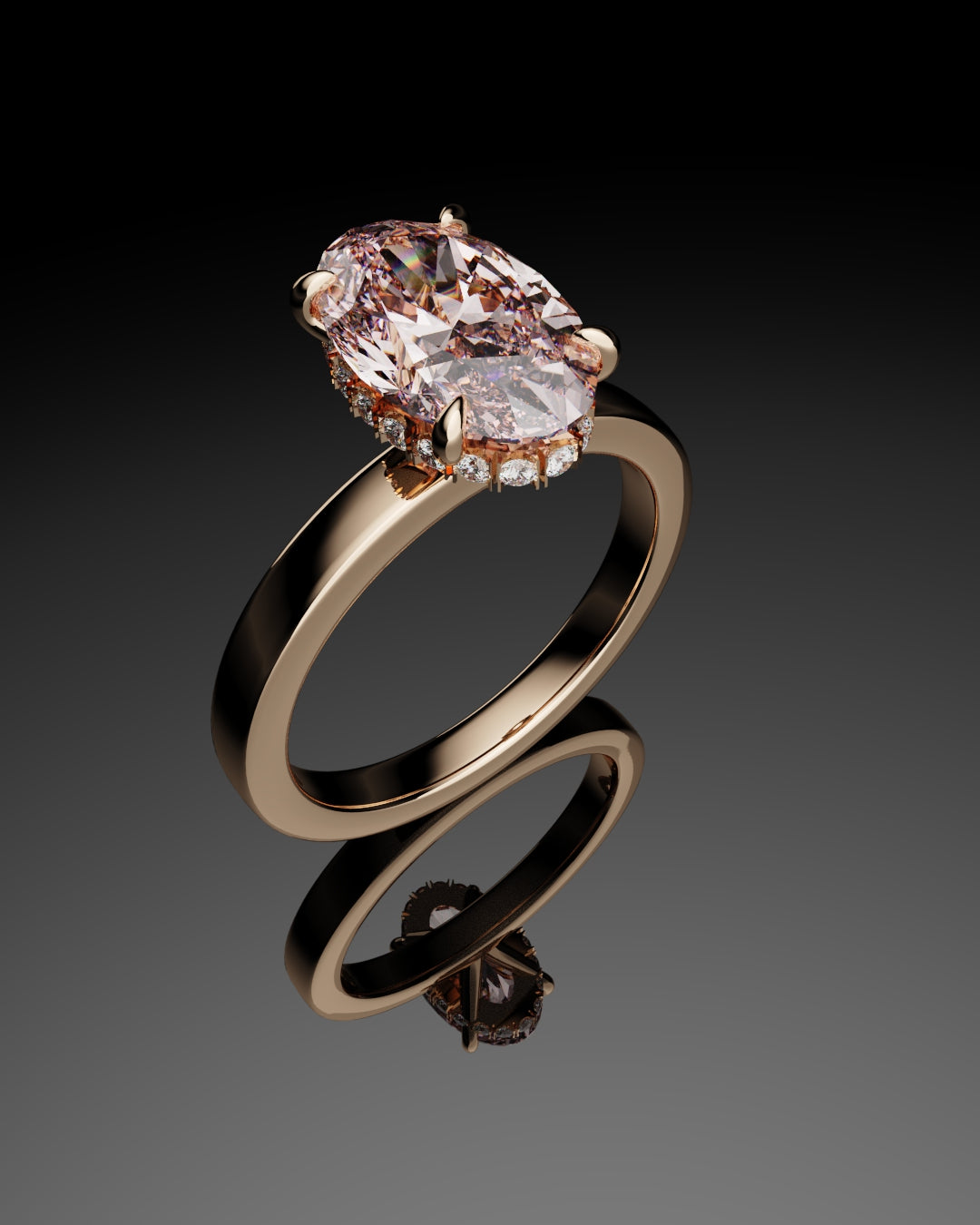 18ct rose gold hidden halo oval diamond engagement ring
