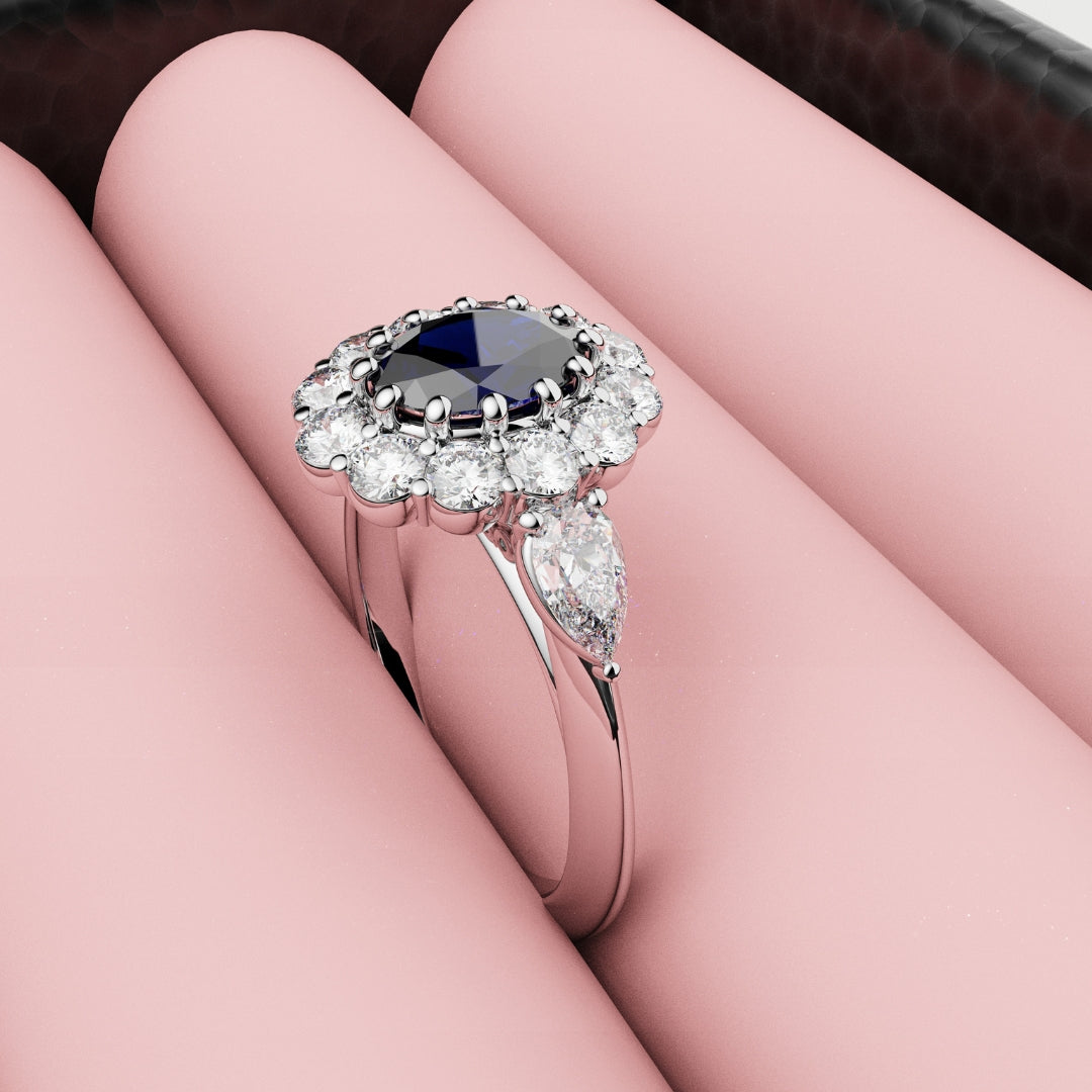 oval blue sapphire diamond halo engagement ring