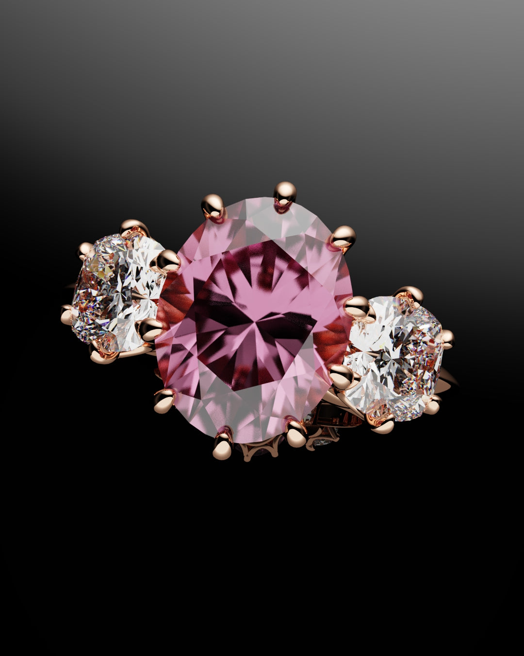 Oval Pink Sapphire With Cushion Cut Shoulder Diamonds