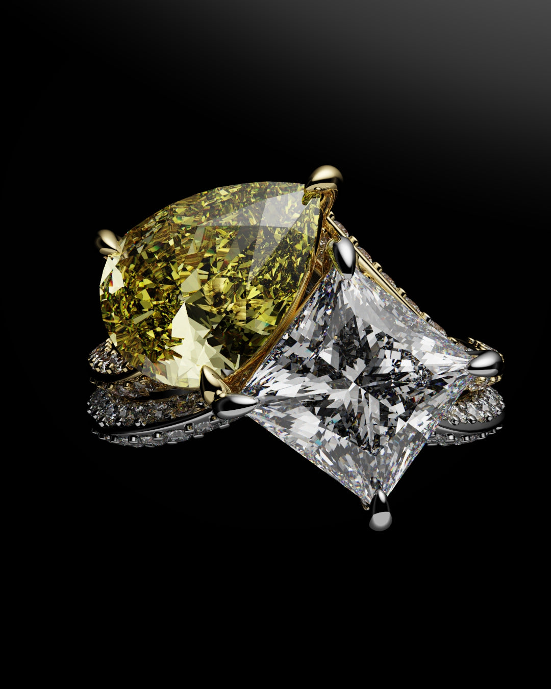 two stone pear and princess cut diamond ring