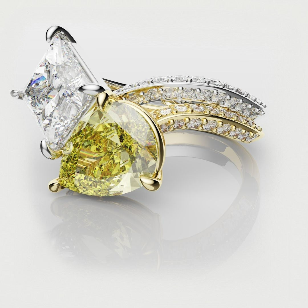 Toi Et Moi Princess Cut and Pear Yellow Diamond Engagement Ring