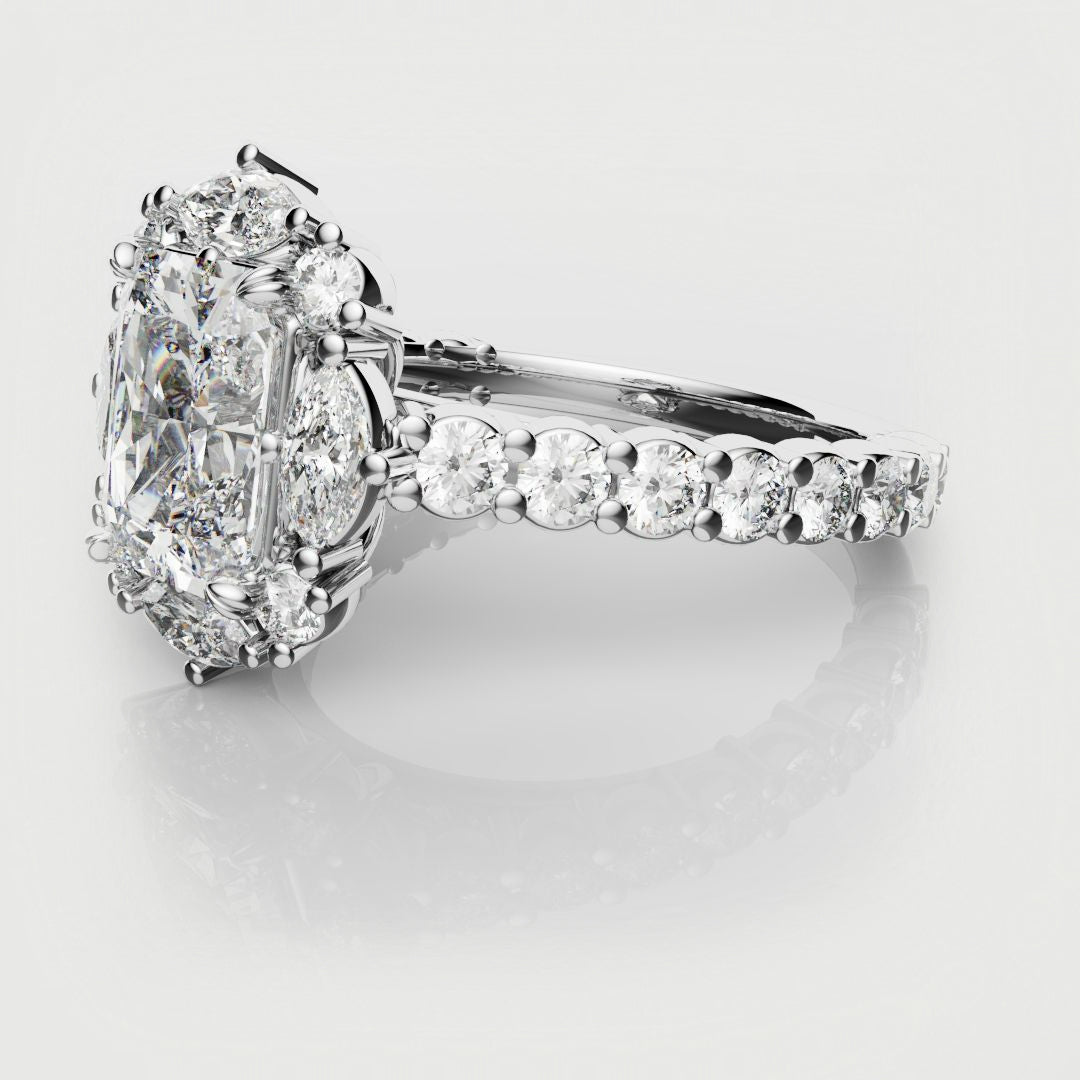 Unique Radiant Cut Diamond Engagement Ring with Marquise Halo