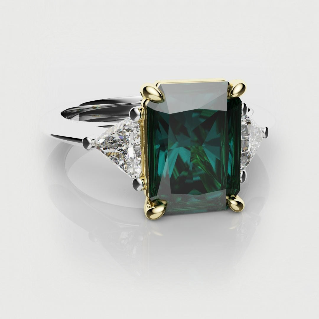 teal sapphire and diamond triliogy engagement ring