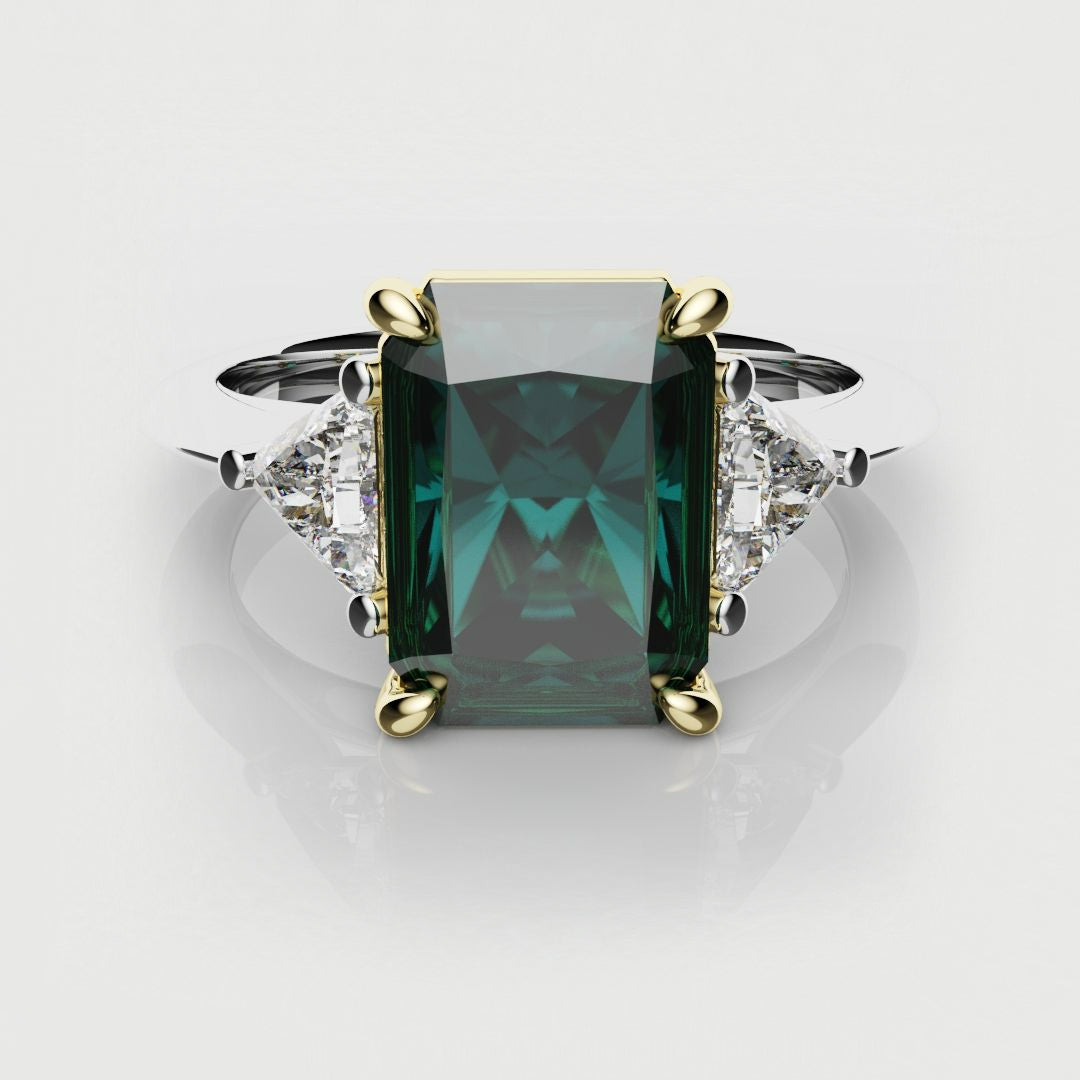 radiant cut teal sapphire trilogy engagement ring