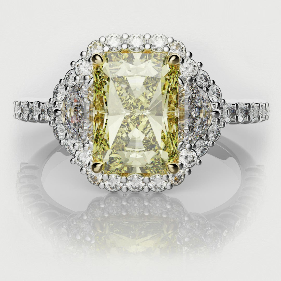 Radiant Cut Fancy Yellow Engagement Ring With Half Moon Shoulder Diamonds
