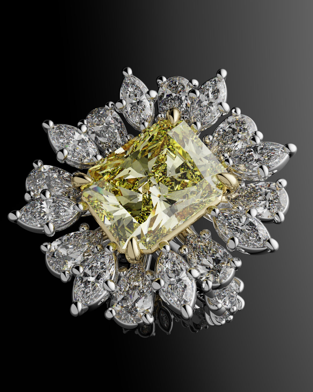 2ct Radiant Cut Fancy Yellow Ring with Pear and Marquise Diamond Cluster