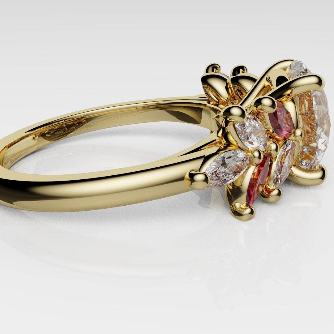 Round Brilliant Cut Diamond With Marquise Ruby Accent Stones