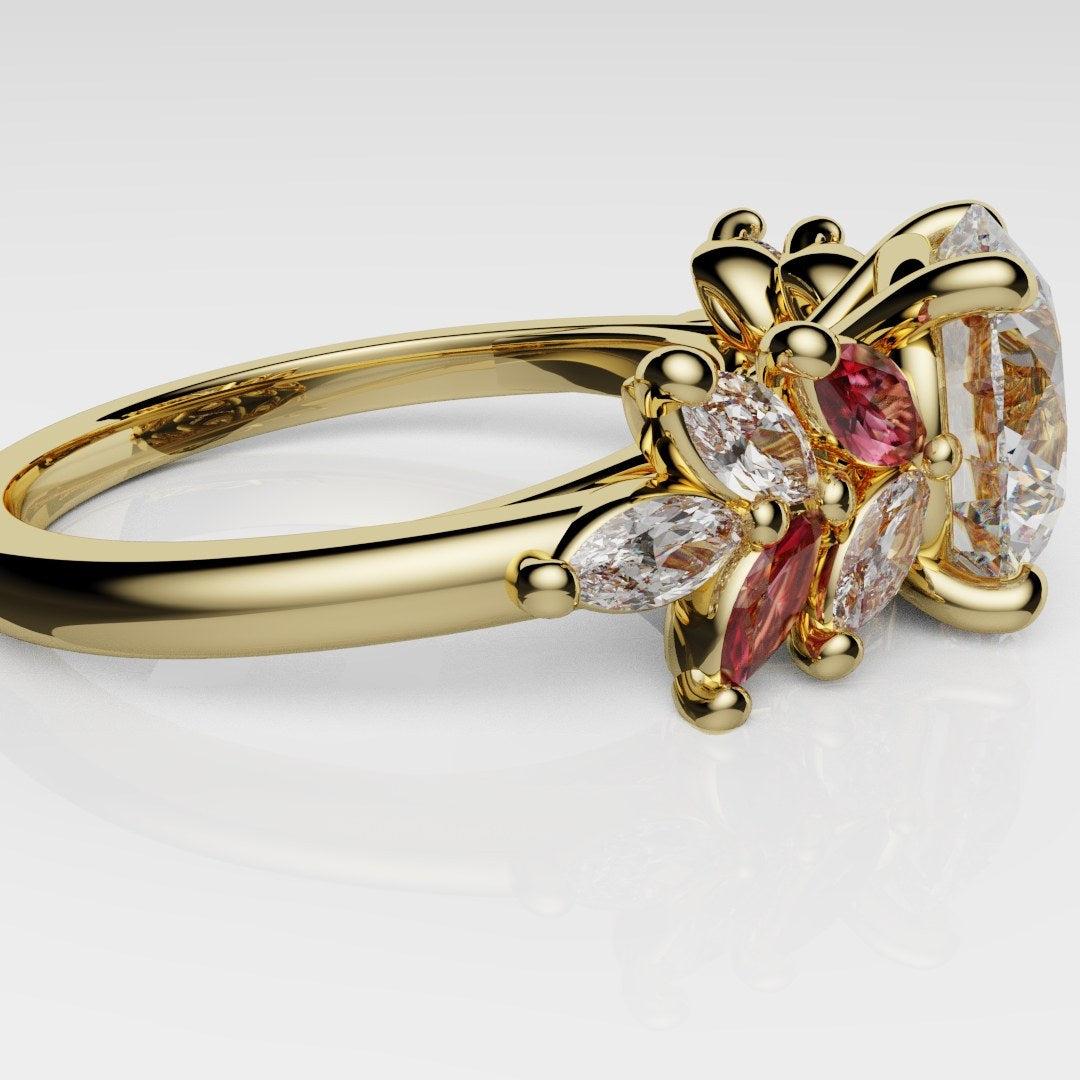 Round Brilliant Cut Diamond With Marquise Ruby Accent Stones