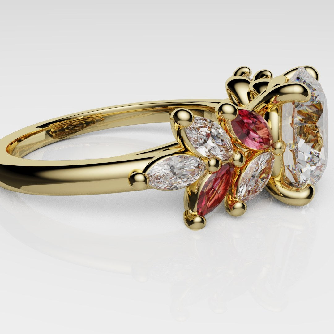 Round Brilliant Cut Diamond With Marquise Ruby Accent Stones