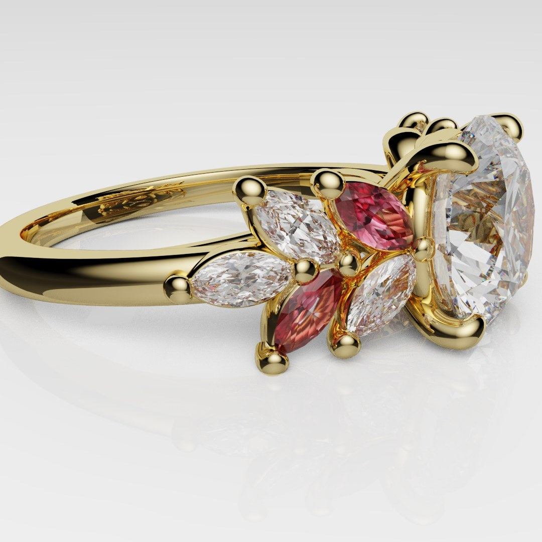 Round Brilliant Cut Diamond With Marquise Ruby Accent Stones