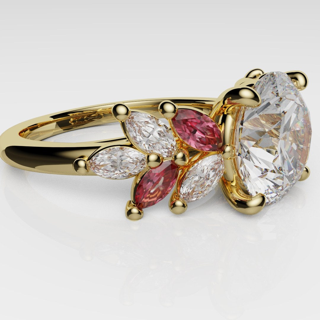 Round Brilliant Cut Diamond With Marquise Ruby Accent Stones