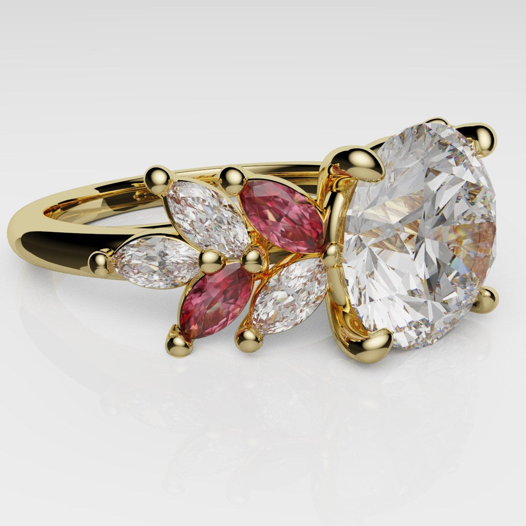 Round Brilliant Cut Diamond With Marquise Ruby Accent Stones