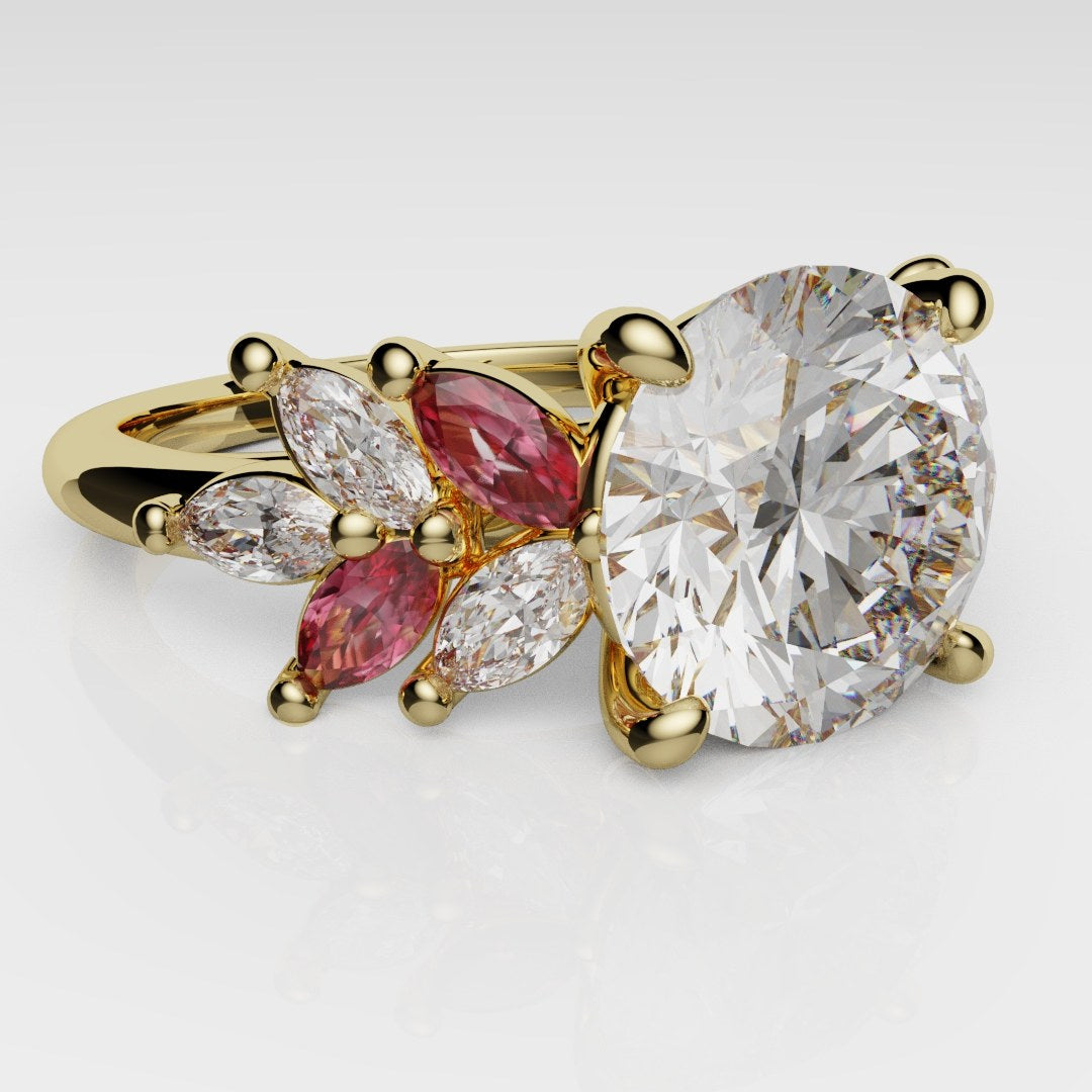 Round Brilliant Cut Diamond With Marquise Ruby Accent Stones
