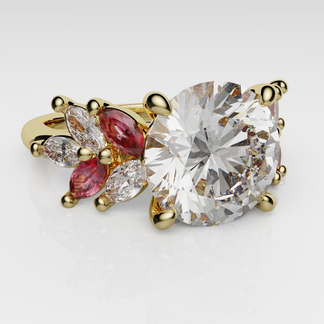 Round Brilliant Cut Diamond With Marquise Ruby Accent Stones