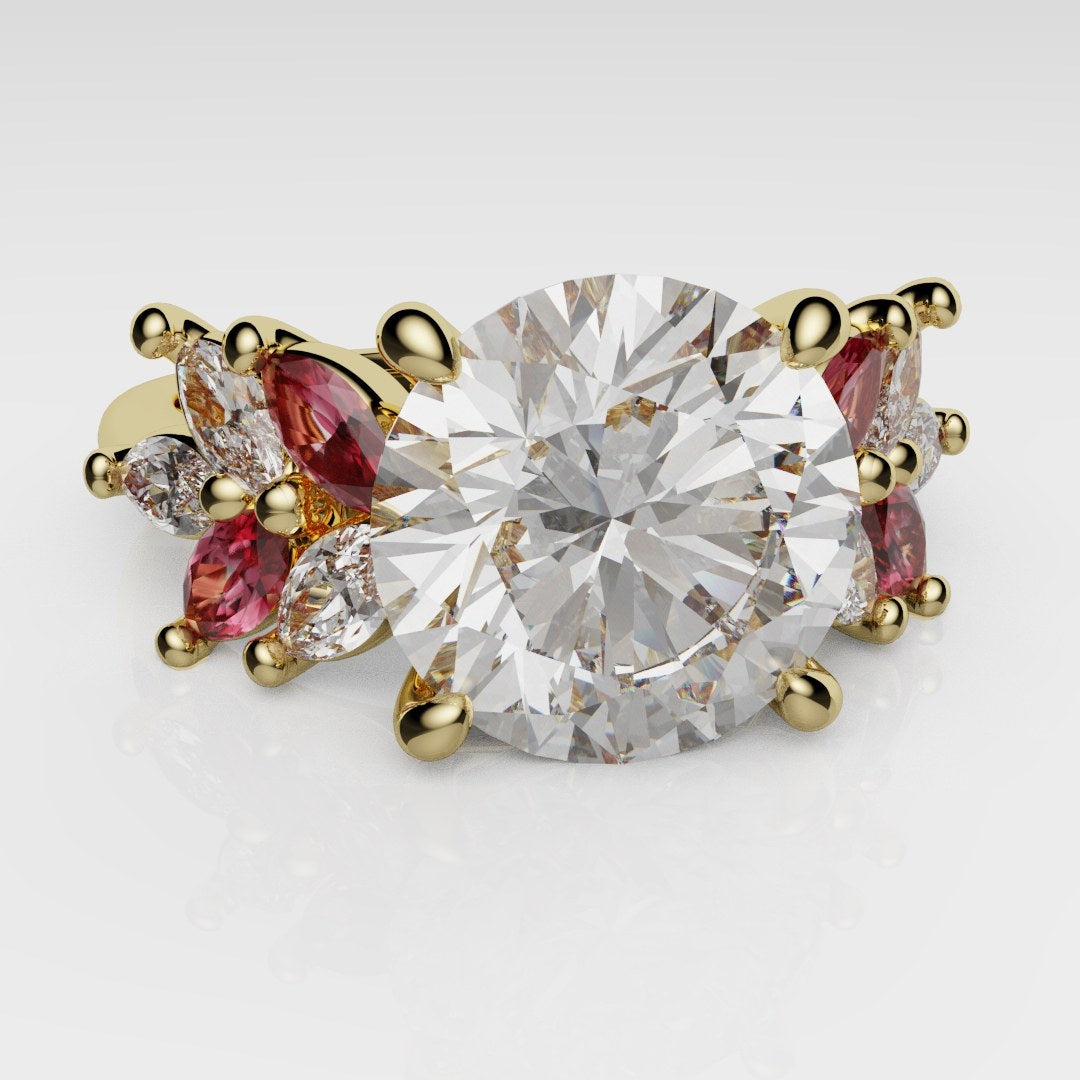 Round Brilliant Cut Diamond With Marquise Ruby Accent Stones