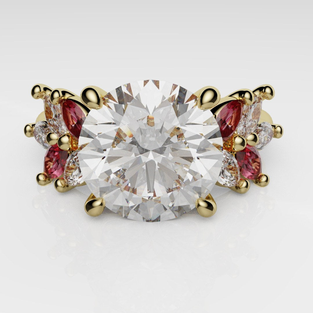 Round Brilliant Cut Diamond With Marquise Ruby Accent Stones