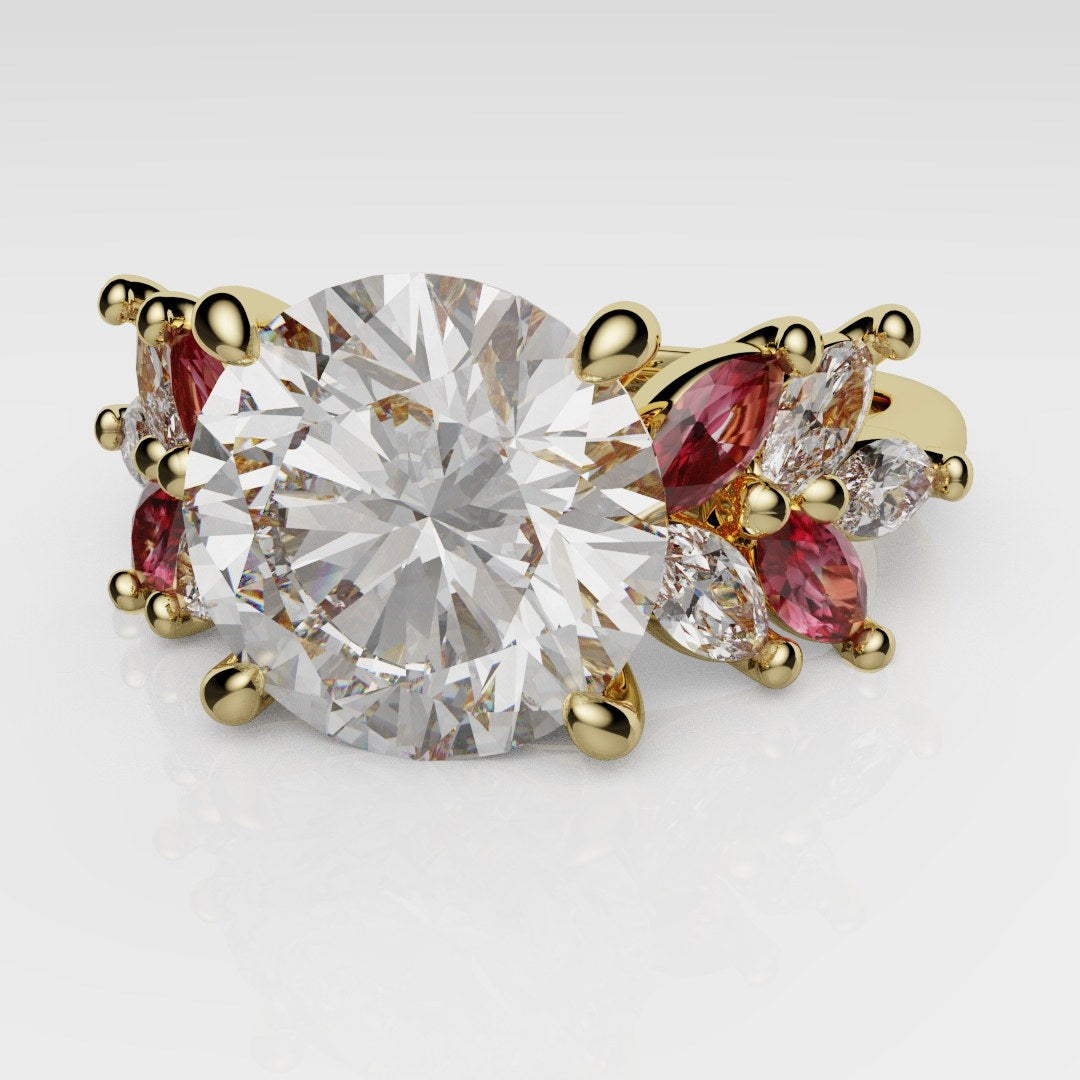 Round Brilliant Cut Diamond With Marquise Ruby Accent Stones