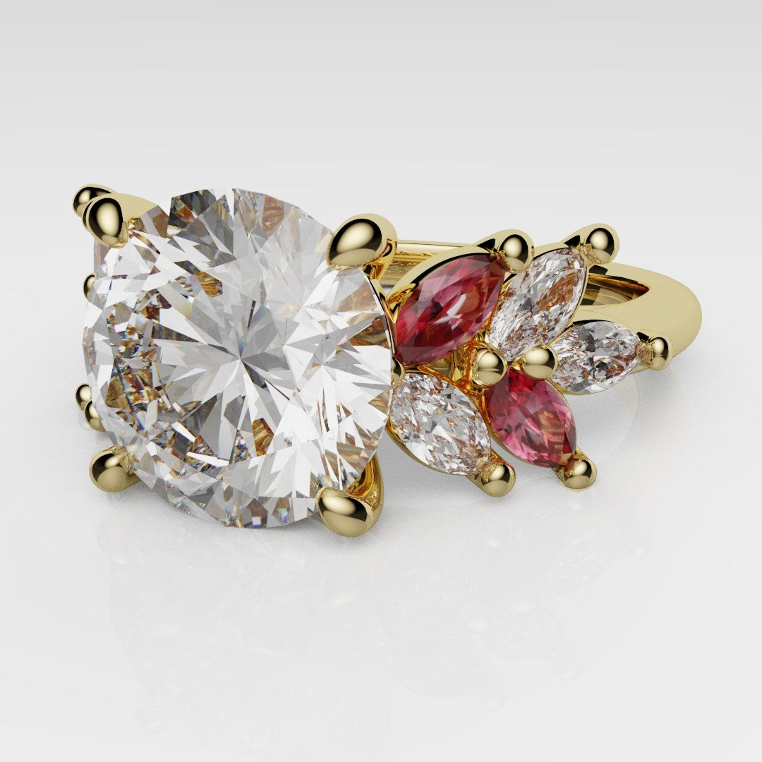 Round Brilliant Cut Diamond With Marquise Ruby Accent Stones