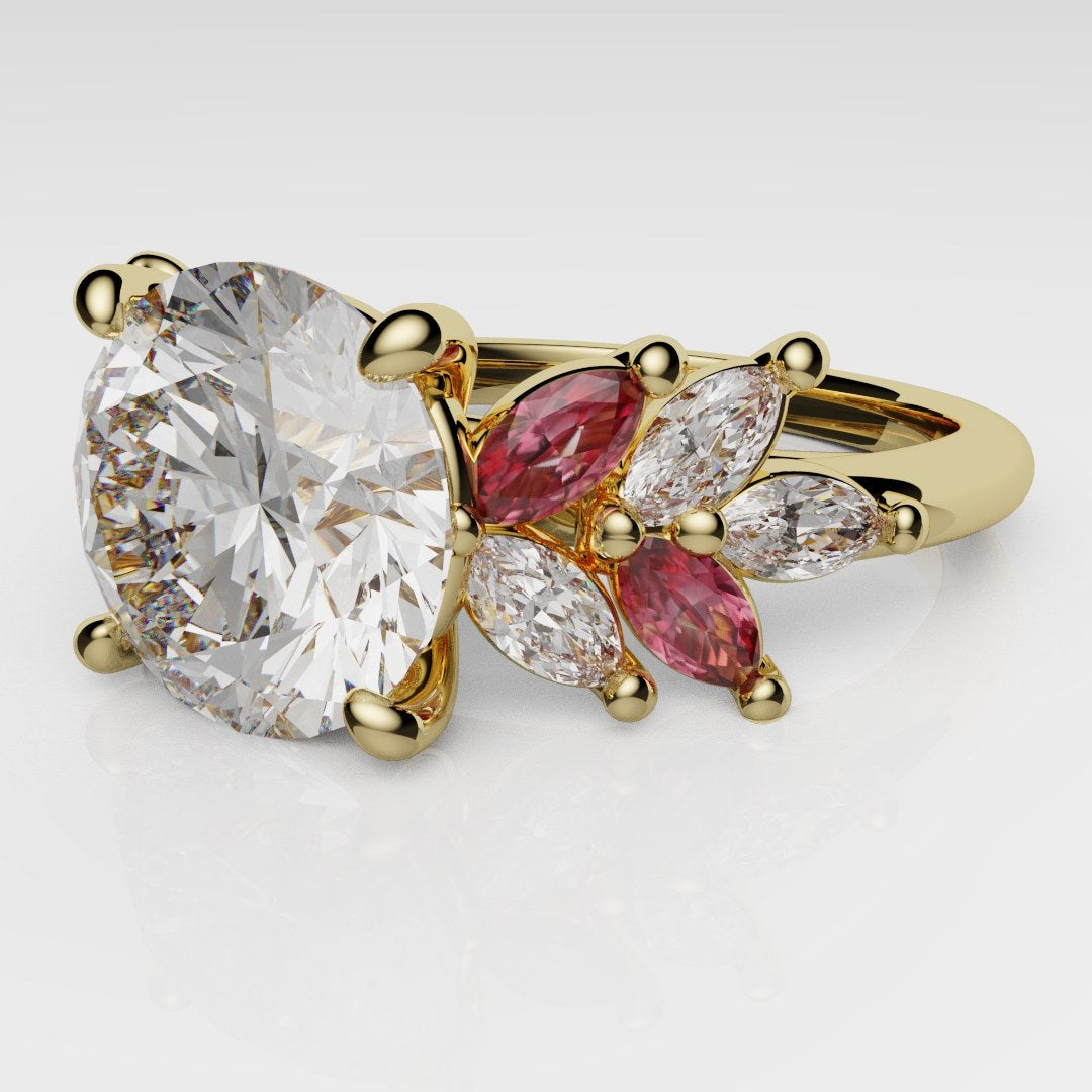 Round Brilliant Cut Diamond With Marquise Ruby Accent Stones