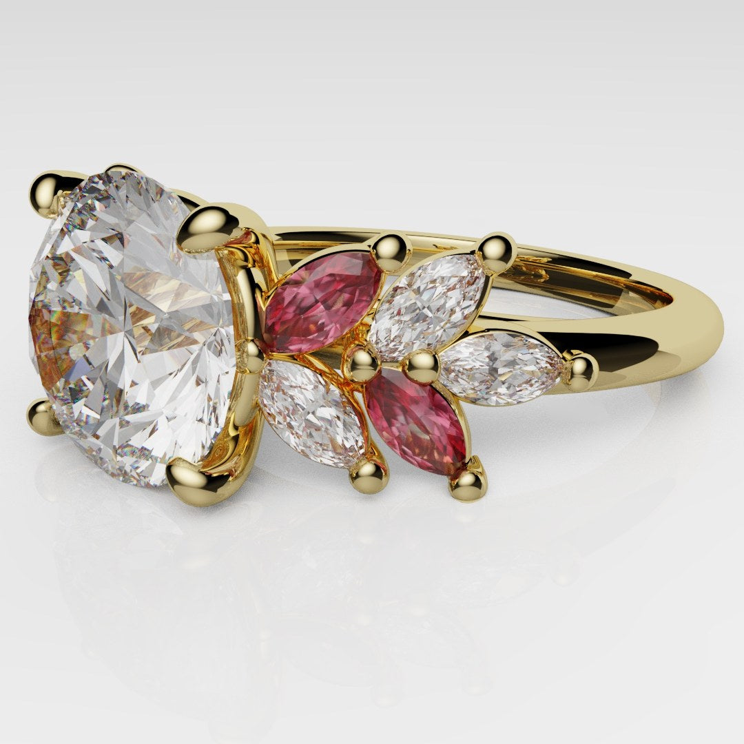 Round Brilliant Cut Diamond With Marquise Ruby Accent Stones