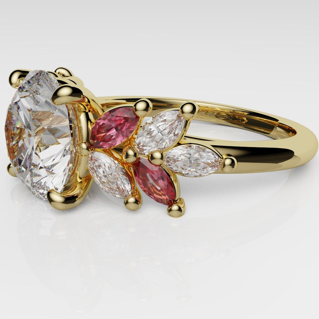 Round Brilliant Cut Diamond With Marquise Ruby Accent Stones