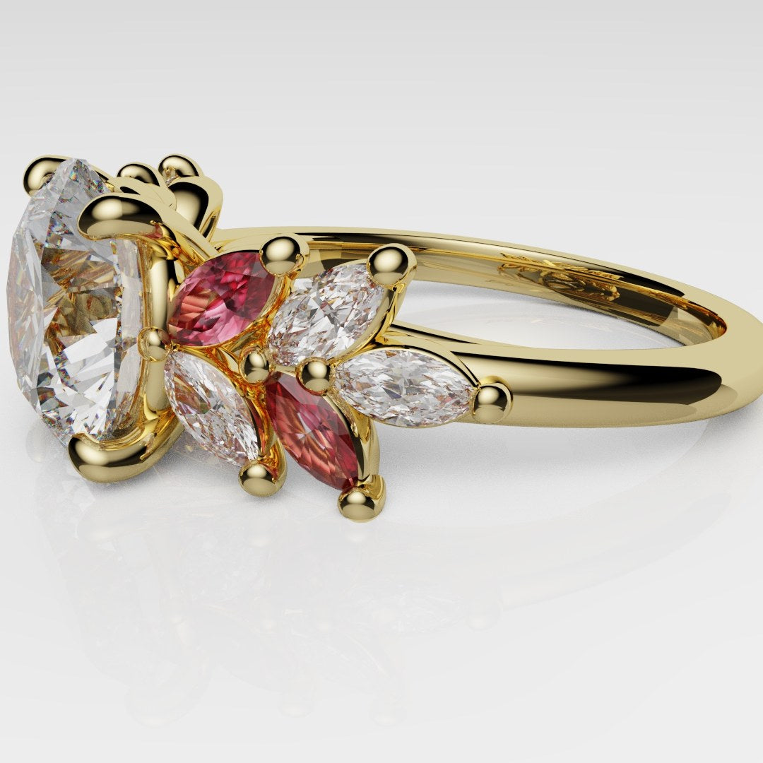 Round Brilliant Cut Diamond With Marquise Ruby Accent Stones