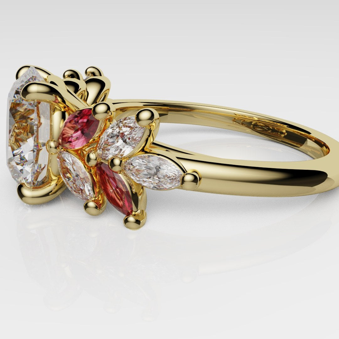 Round Brilliant Cut Diamond With Marquise Ruby Accent Stones