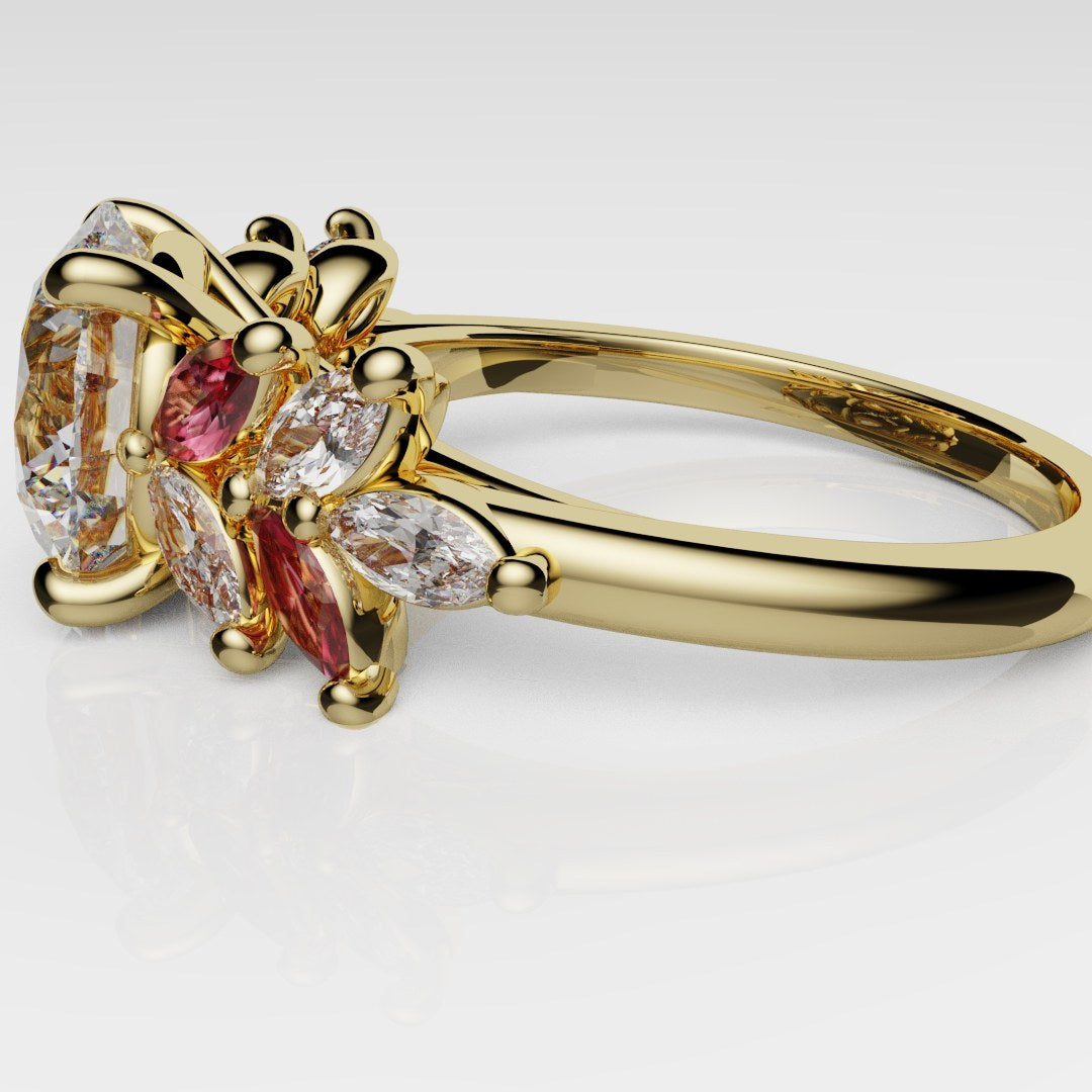 Round Brilliant Cut Diamond With Marquise Ruby Accent Stones