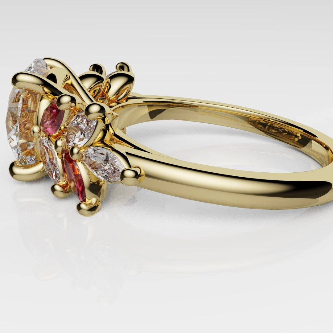Round Brilliant Cut Diamond With Marquise Ruby Accent Stones