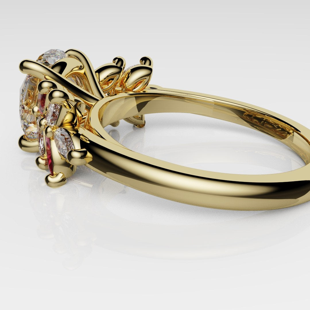 Round Brilliant Cut Diamond With Marquise Ruby Accent Stones