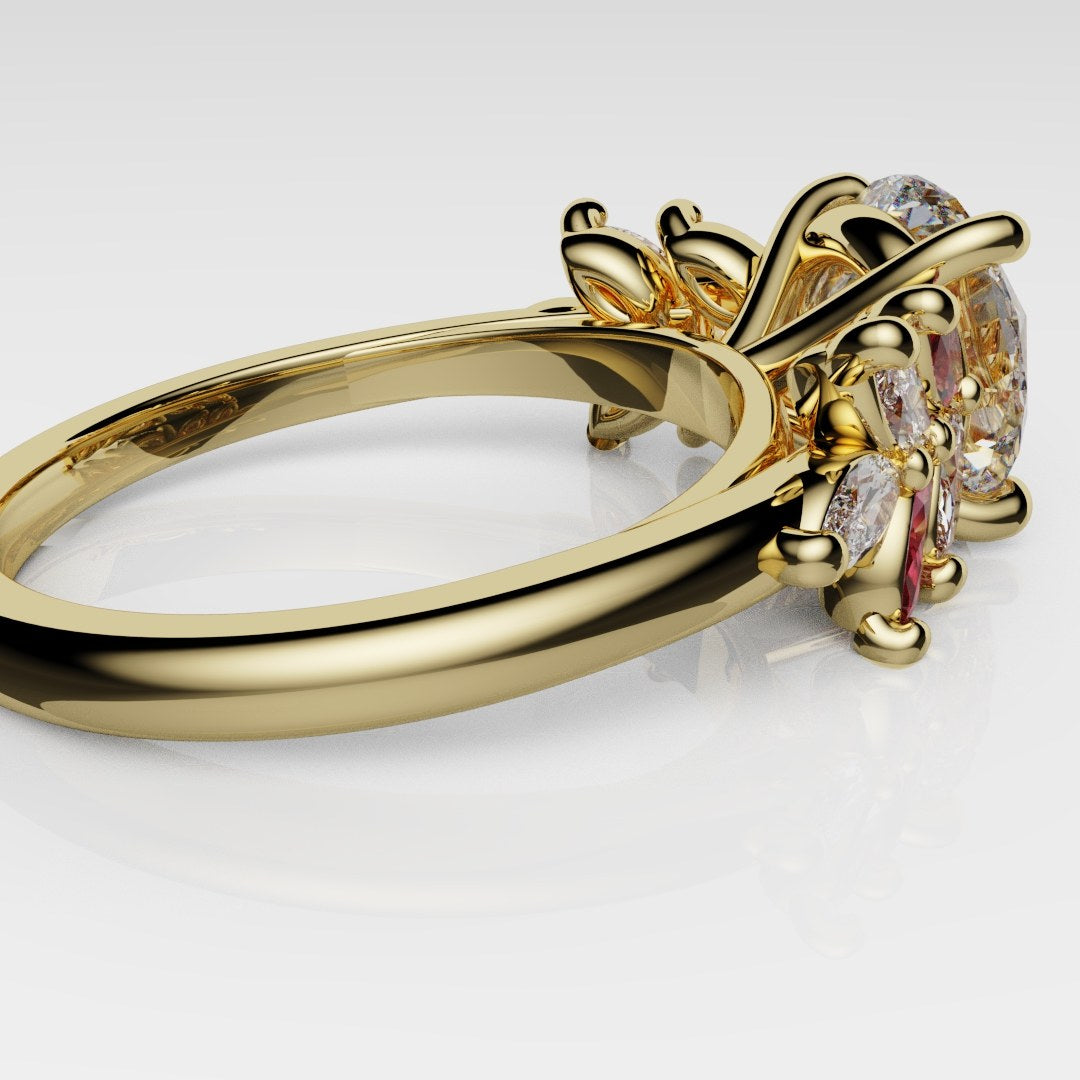 Round Brilliant Cut Diamond With Marquise Ruby Accent Stones