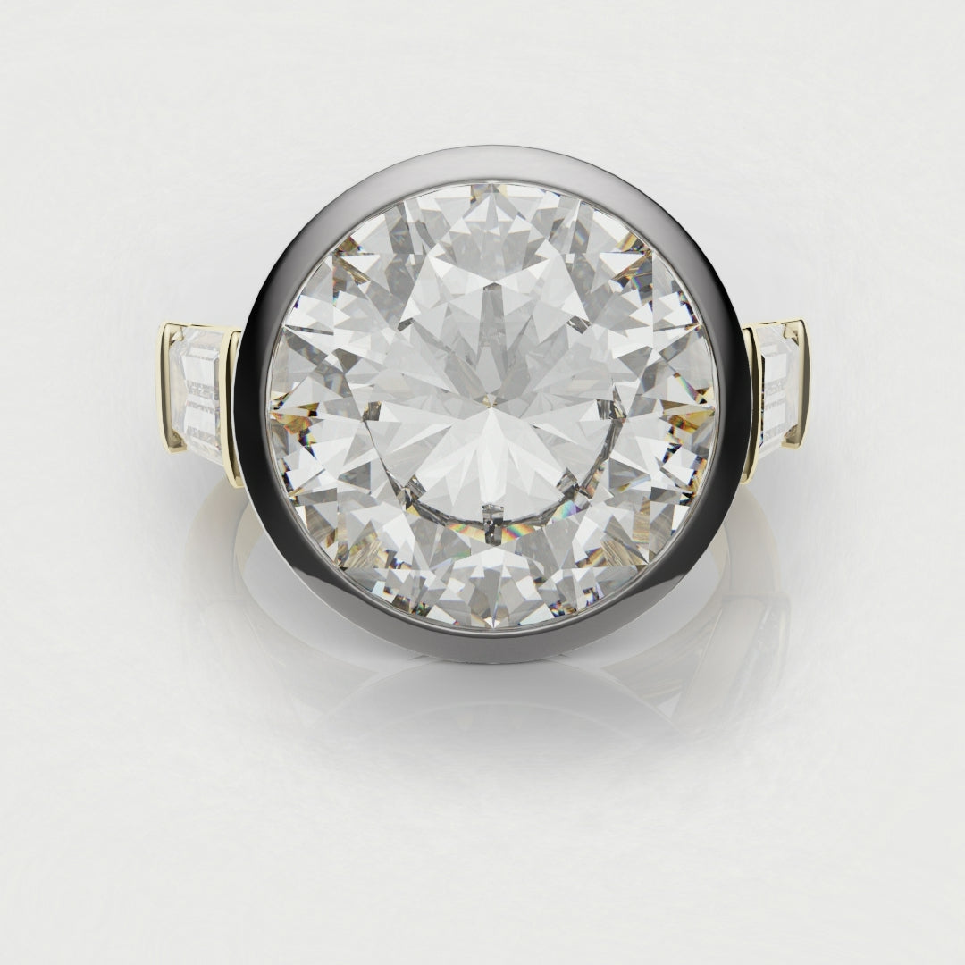 Round and Baguette Diamond Trilogy Rubover Set Engagement Ring