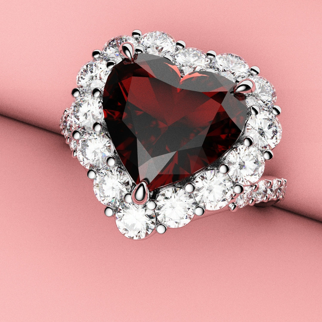 heart ruby and diamond halo engagement ring