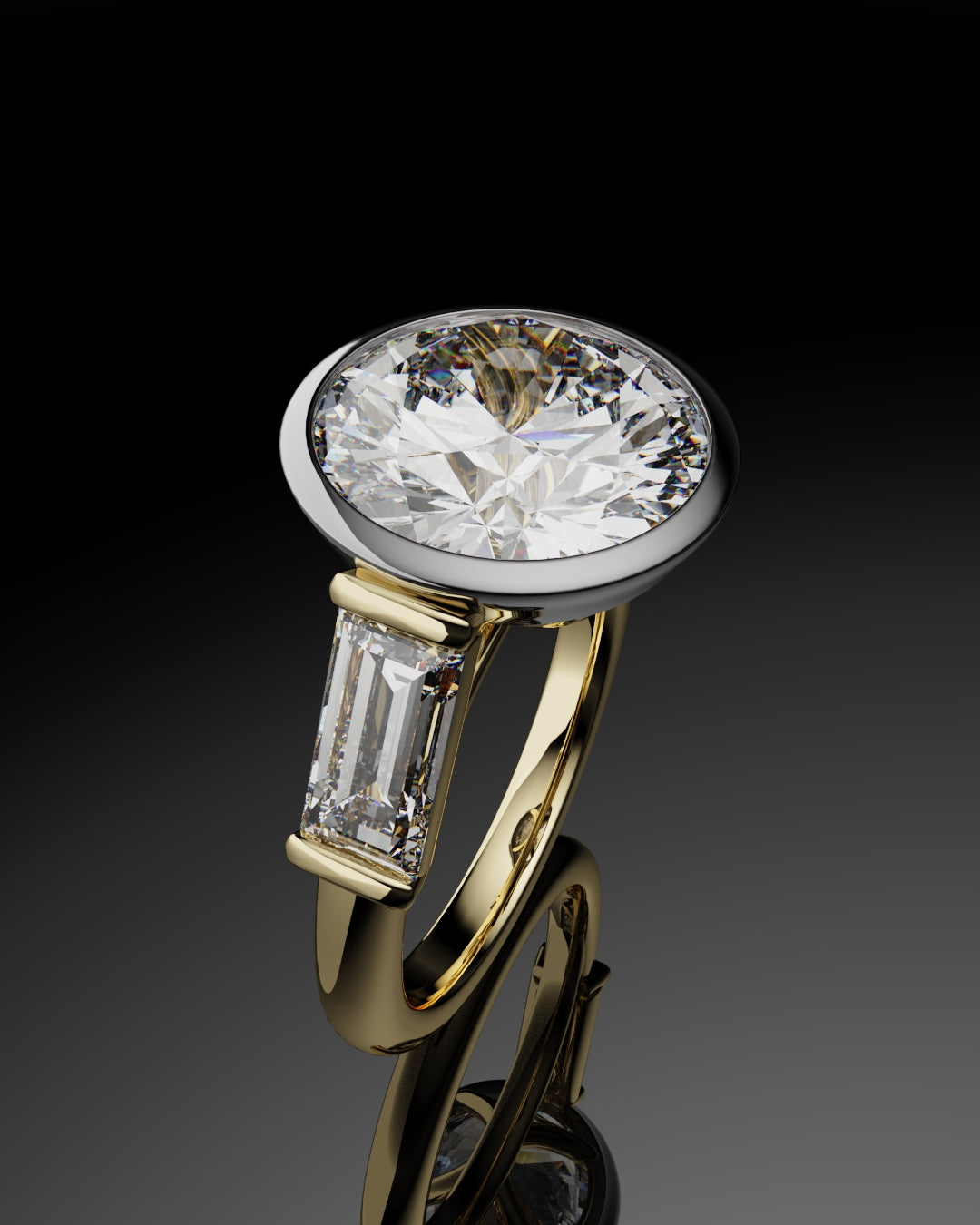 Round and Baguette Diamond Trilogy Rubover Set Engagement Ring