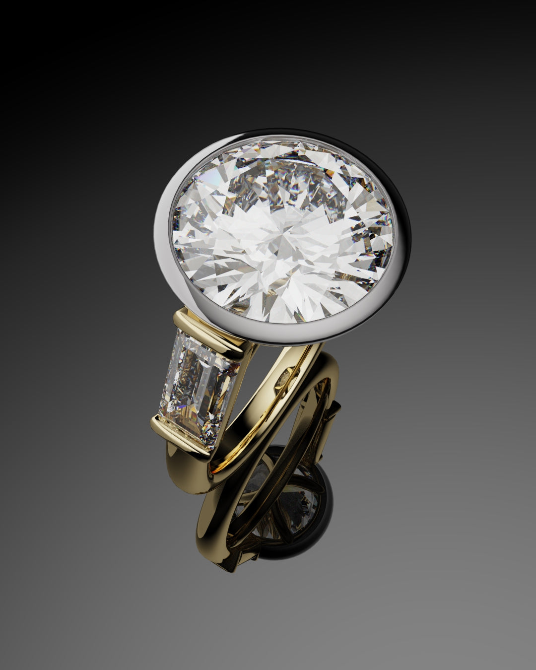 Round and Baguette Diamond Trilogy Rubover Set Engagement Ring