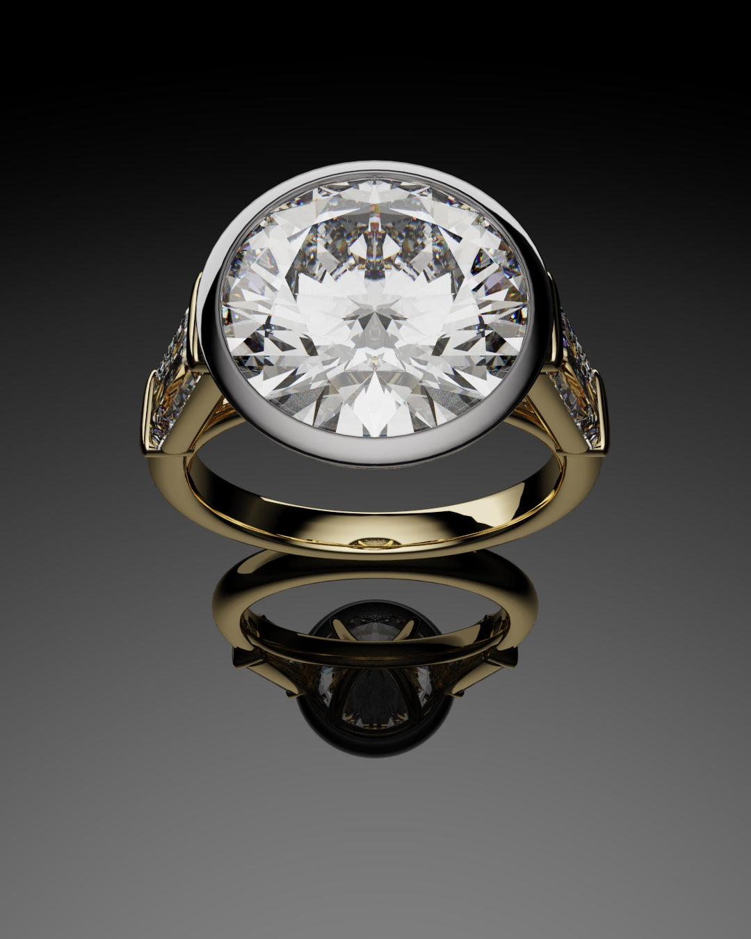Round and Baguette Diamond Trilogy Rubover Set Engagement Ring