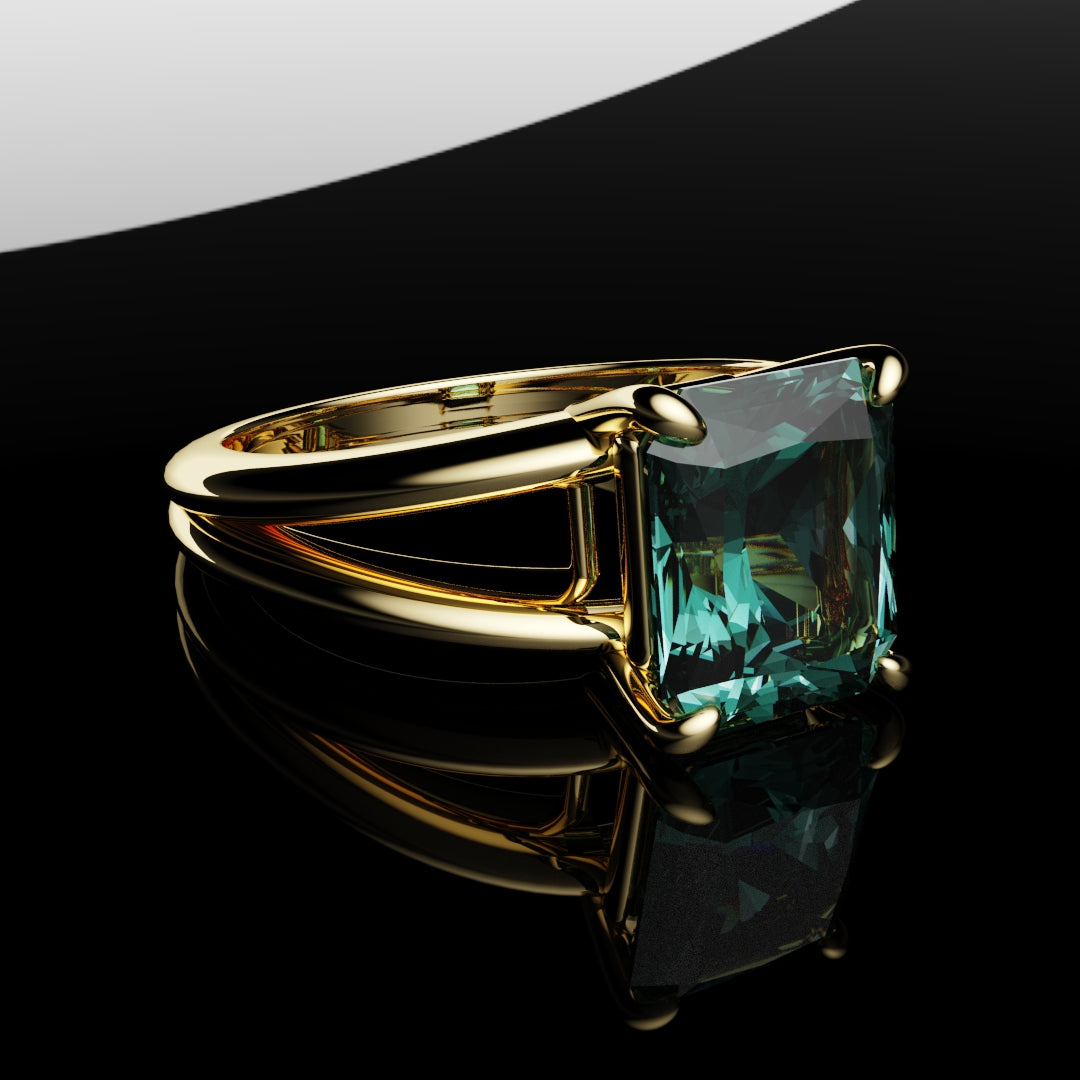 radiant cut teal sapphire split shank engagement ring
