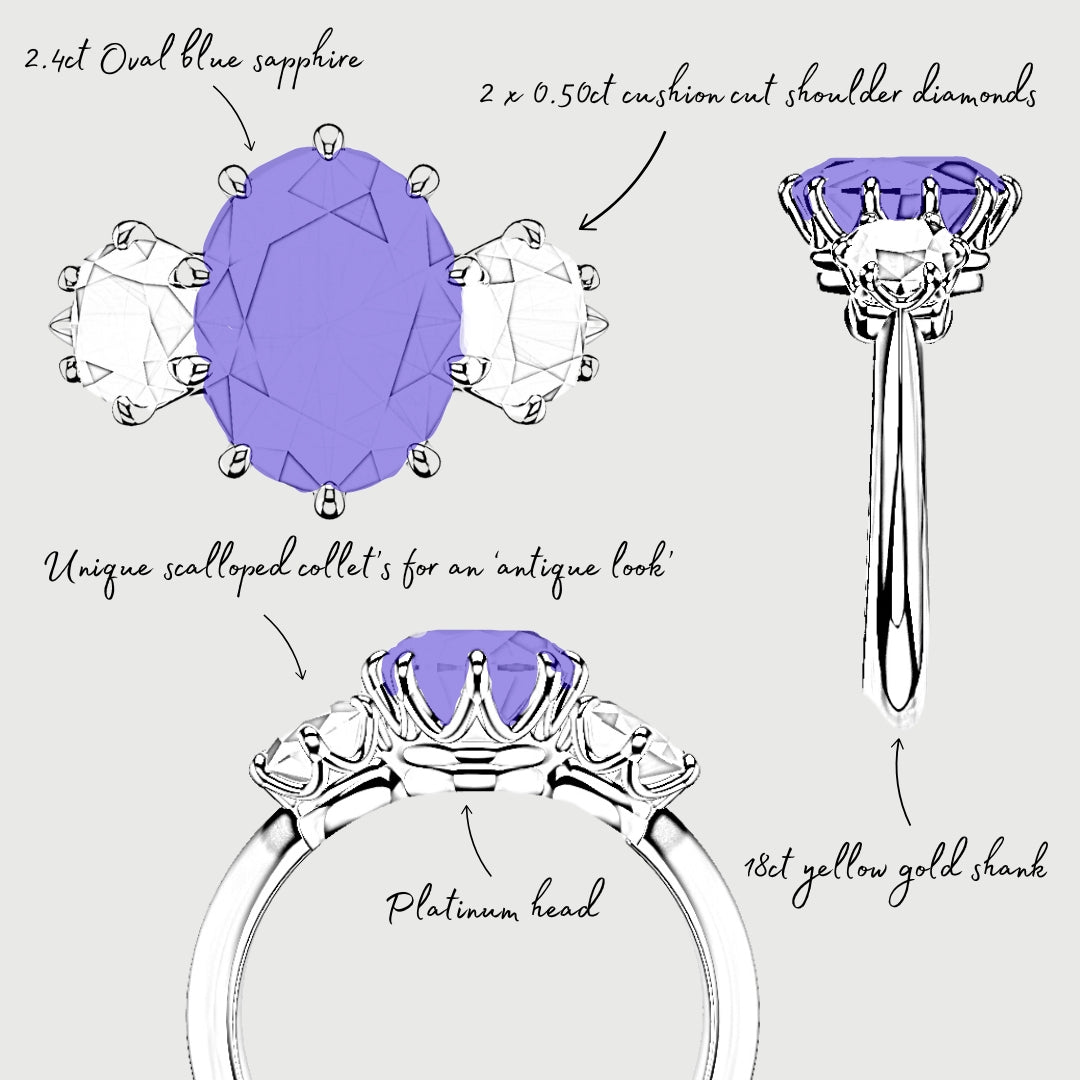 bespoke sketch of an antique oval blue sapphire engagement ring with cushion cut shoulder diamonds crafted in 18ct yellow gold and platinum