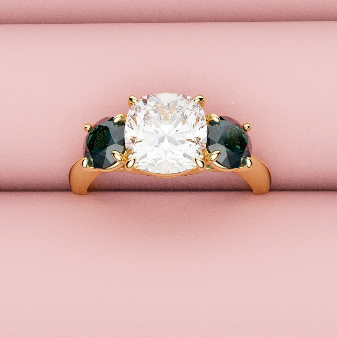 Cushion Cut Diamond Trilogy with Teal Sapphires