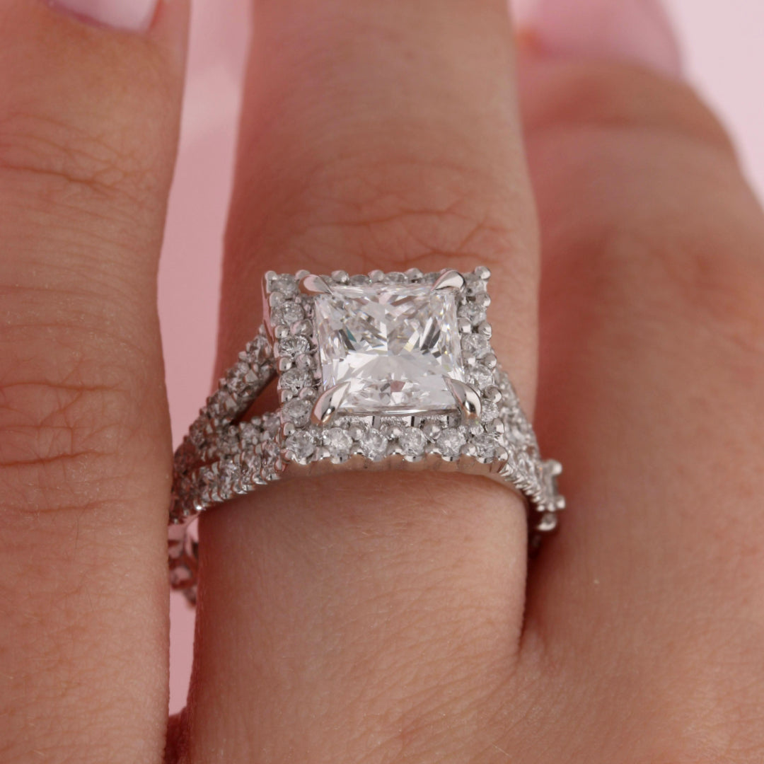 Princess Cut Split Shank Halo Engagement Ring